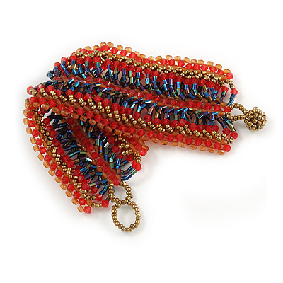 Wide Handmade Carrot Red/ Peacock/ Bronze Glass Bead Bracelet - 16cm L/ 2cm Ext