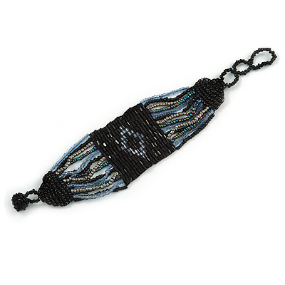 Handmade Black/ Blue/ Grey Glass Bead Bracelet with Loop and Button Closure - 16cm L/ 4cm Ext - main view
