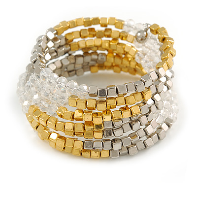 Multistrand Acrylic Bead Coiled Flex Bracelet In Silver, Gold, Transparent - Adjustable - main view