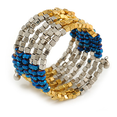 Multistrand Acrylic Bead Coiled Flex Bracelet In Silver, Gold, Blue - Adjustable - main view