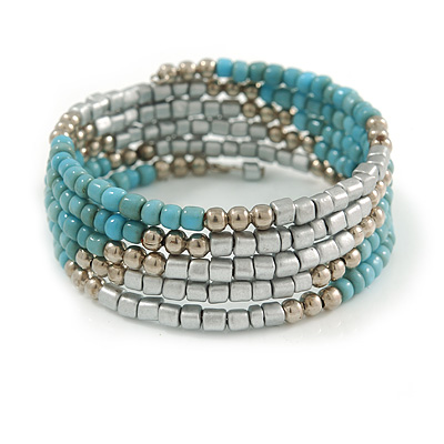 Light Blue Glass Bead, Silver Acrylic Bead Multistrand Coiled Flex Bracelet - Adjustable - main view