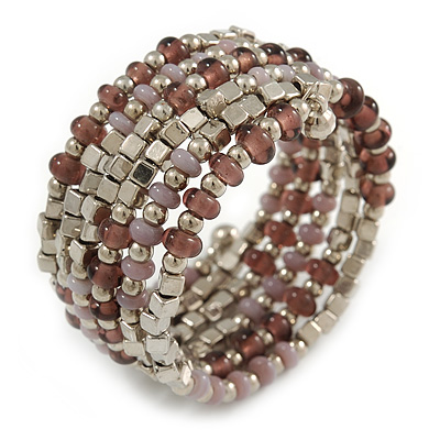 Stylish Beaded Coiled Flex Bracelet In Hues Of Plum, Lavender and Silver - main view