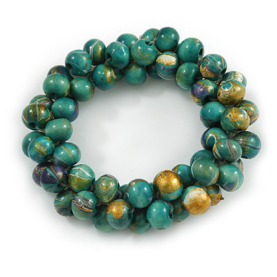 Teal Green/ Gold Wood Bead Cluster Flex Bracelet - 17cm L - main view
