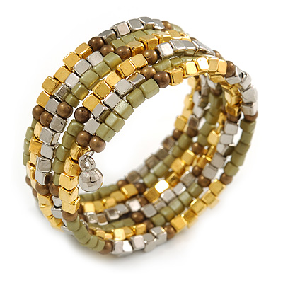 Multistrand Acrylic Bead Coiled Flex Bracelet In Silver, Gold, Olive, Brown - Adjustable - main view