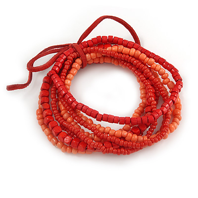 Stylish Multistrand Wood and Glass Bead Flex Bracelet (Red, Orange) - 18cm L - main view