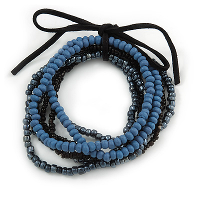 Stylish Multistrand Wood and Glass Bead Flex Bracelet (Black, Blue, Hematite) - 18cm L - main view