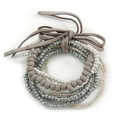 Stylish Multistrand Wood and Glass Bead Flex Bracelet (Grey/ White/ Transparent) - 18cm L - main view