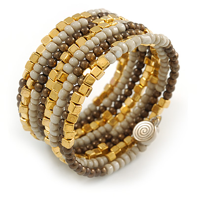 Multistrand Glass, Acrylic Bead Coiled Flex Bracelet (Off White, Gold, Bronze) - Adjustable - main view