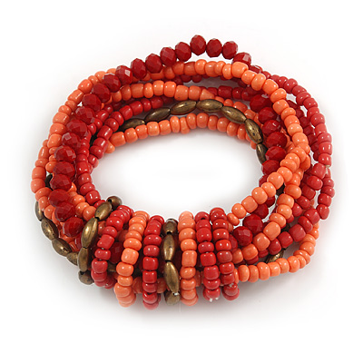 Multistrand Red/ Coral Glass, Brown Acrylic Bead Flex Bracelet - 18cm Long