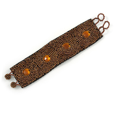 Handmade Boho Style Bronze/ Amber Glass Bead Wristband Bracelet - 16cm L/ 2cm Ext