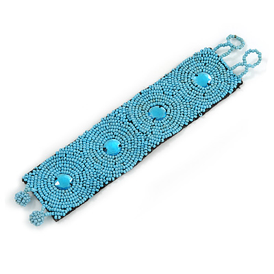 Handmade Boho Style Light Blue Glass Bead Wristband Bracelet - 17cm L/ 2cm Ext - main view