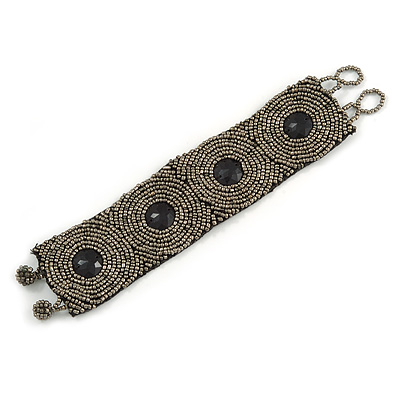 Handmade Boho Style Grey/ Black Glass Bead Wristband Bracelet - 17cm L/ 2cm Ext - main view