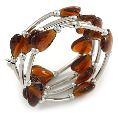 Multistrand Brown/ Amber Glass Heart Bead Coiled Flex Bracelet In Silver Tone - Adjustable - main view