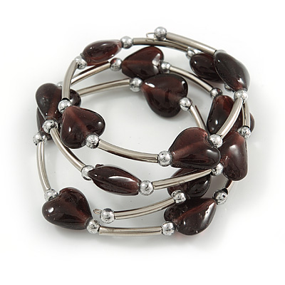 Multistrand Plum Glass Heart Bead Coiled Flex Bracelet In Silver Tone - Adjustable