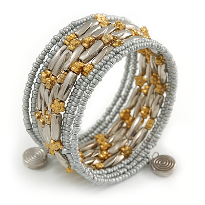 Multistrand Glass, Acrylic Bead Coiled Flex Bracelet (Silver, Gold) - Adjustable - main view