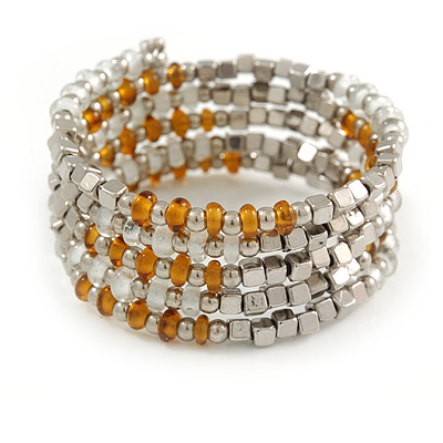 Multistrand Glass, Acrylic Bead Coiled Flex Bracelet (Silver, Transparent, Orange) - Adjustable - main view