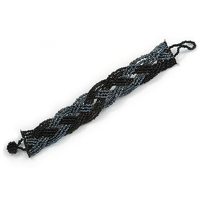 Black/ Hematite Glass Bead Plaited Bracelet - 18cm L - main view