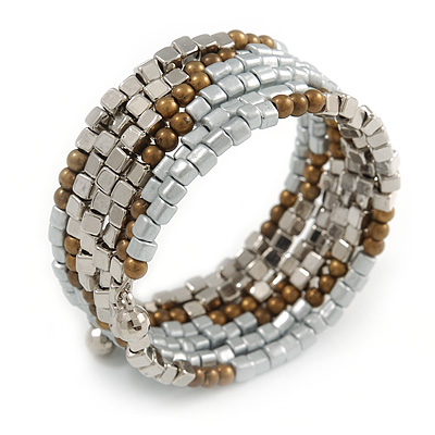 Silver/ Brown Acrylic Bead Multistrand Coiled Flex Bracelet - Adjustable
