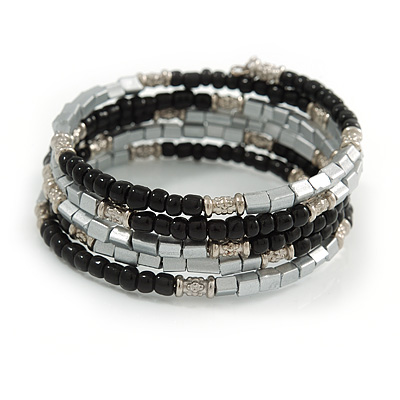 Black Glass Silver Acrylic Bead Multistrand Coiled Flex Bracelet Bangle - Adjustable