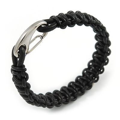 Trendy Multi Plaited Black Leather Magnetic Bracelet with Silver Tone Closure - 17cm L - main view