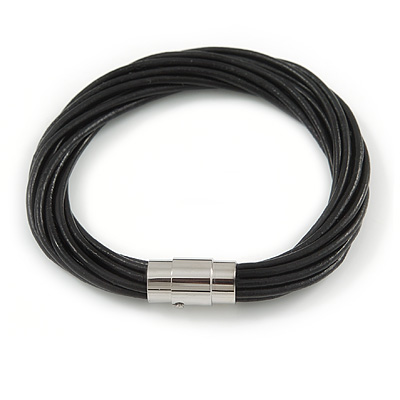 Trendy Multi Cord Black Leather Magnetic Bracelet with Silver Tone Closure - 20cm L - main view