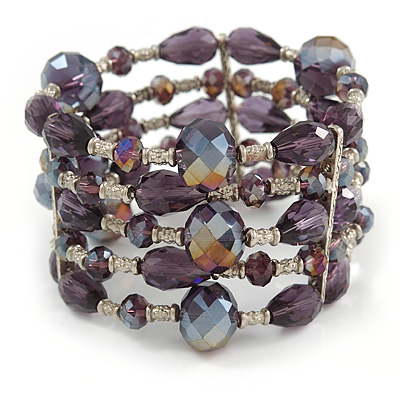 Statement Wide Purple Glass Bead Multistrand Flex Bracelet - 20cm (Adjustable) Large - main view
