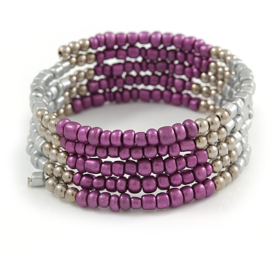 Multistrand Glass, Acrylic Bead Coiled Flex Bracelet (Silver, Purple) - Adjustable - main view