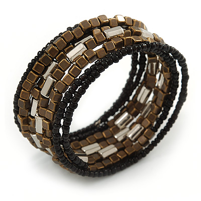 Dark Brown/ Black/ Silver Glass/ Acrylic Bead Multistrand Coiled Flex Bracelet - Adjustable