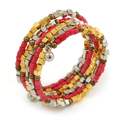 Multistrand Glass, Acrylic Bead Coiled Flex Bracelet (Silver, Pink, Gold, Bronze) - Adjustable - main view