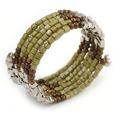 Olive/ Brown/ Silver Acrylic Bead Multistrand Coiled Flex Bracelet - Adjustable - main view