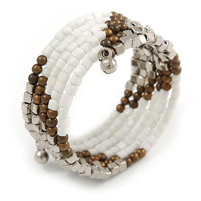 Glass and Acrylic Bead Multistrand Coiled Flex Bracelet (Silver, White, Bronze) - Adjustable - main view