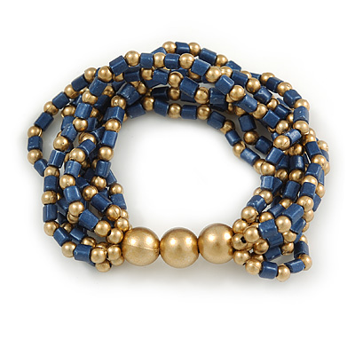 Blue/ Gold Acrylic Bead Multistrand Flex Bracelet - 16cm L (Small) - main view