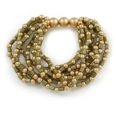Olive Green/ Gold Acrylic Bead Multistrand Flex Bracelet - 16cm L (Small) - main view