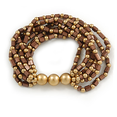 Brown/ Gold Acrylic Bead Multistrand Flex Bracelet - 16cm L (Small)