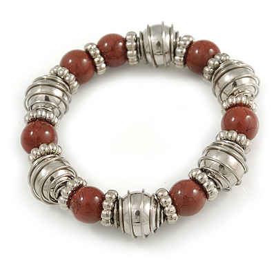 Brown Ceramic and Silver Tone Mirrored Ball Bead with Wire Flex Bracelet - 18cm L - main view