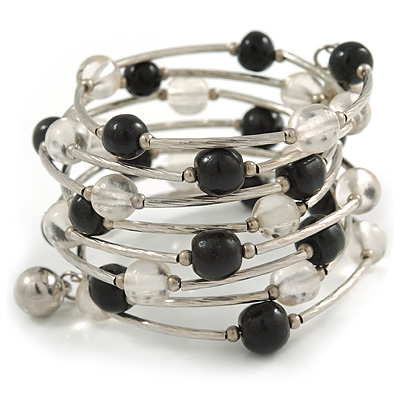 Wide Multistrand Black and Transparent Acrylic Bead Flex Bracelet In Silver Tone - 17cm L - main view