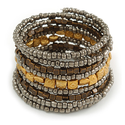 Wide Glass, Acrylic Bead Flex Coiled Bracelet - 18cm L - Adjustable (Grey, Gold, Bronze) - main view