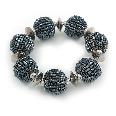 Chunky Grey/ Hematite Glass Bead Ball Stretch Bracelet - 19cm L
