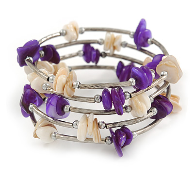 Purple/ Natural Shell Nugget Multistrand Coiled Flex Bracelet in Silver Tone - Adjustable - main view