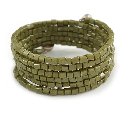 Olive Acrylic Bead Multistrand Coiled Flex Bracelet - Adjustable - main view