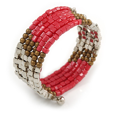 Glass and Acrylic Bead Multistrand Coiled Flex Bracelet (Silver, Deep Pink, Bronze) - Adjustable - main view