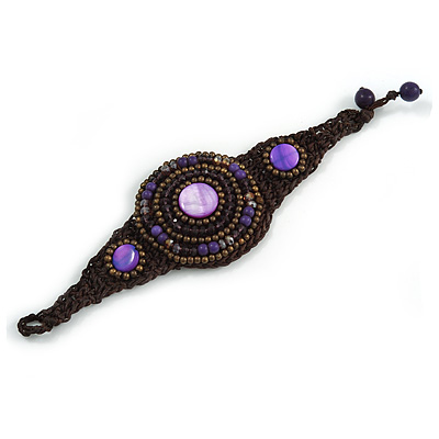 Handmade Bronze/ Purple Bead, Shell Brown Cotton Cord Bracelet - For Small Wrists - 15cm Long - main view