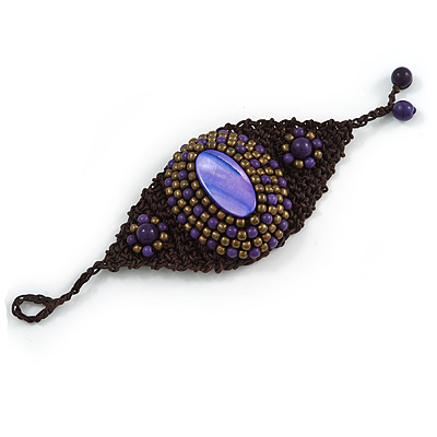 Handmade Bronze/ Purple Bead, Shell Brown Cotton Cord Bracelet - For Small Wrists - 15cm Long - main view