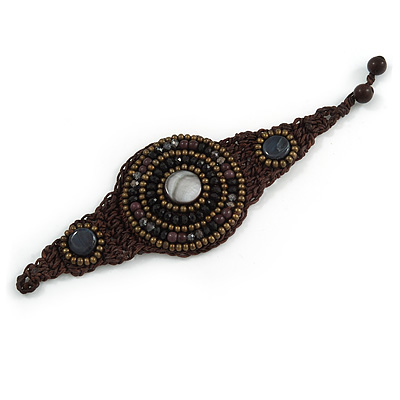 Handmade Bronze/ Black Bead, Shell Brown Cotton Cord Bracelet - For Small Wrists - 15cm Long - main view