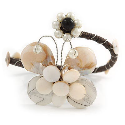 Off White Sea Shell Bead Butterfly Silver Wire Flex Cuff Bracelet - Adjustable