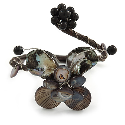 Black/ Dark Grey Sea Shell Bead Butterfly Silver Wire Flex Cuff Bracelet - Adjustable - main view