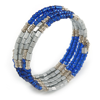 Electric Blue Glass Silver Acrylic Bead Multistrand Coiled Flex Bracelet Bangle - Adjustable