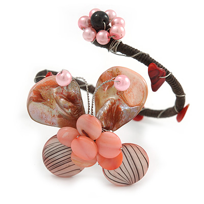 Pastel Pink Sea Shell Bead Butterfly Silver Wire Flex Cuff Bracelet - Adjustable - main view