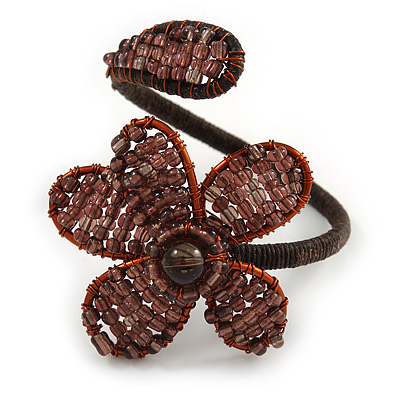 Plum Glass Bead Flower Copper Wire Flex Cuff Bracelet - Adjustable - main view
