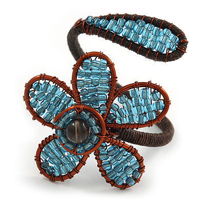 Light Blue Glass Bead Flower Copper Wire Flex Cuff Bracelet - Adjustable - main view